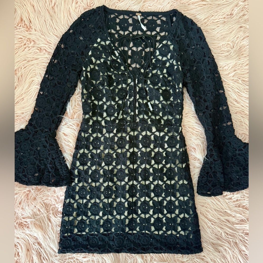 Free People Black Womans Crochet Mini Bell Sleeve Boho Dress